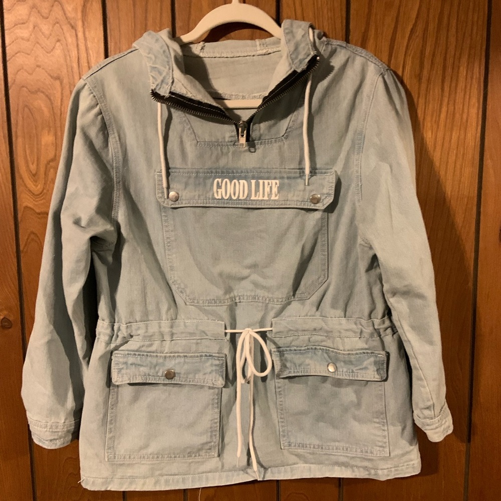 One of a kind 90s denim “good life” pullover jacket with lots of pockets